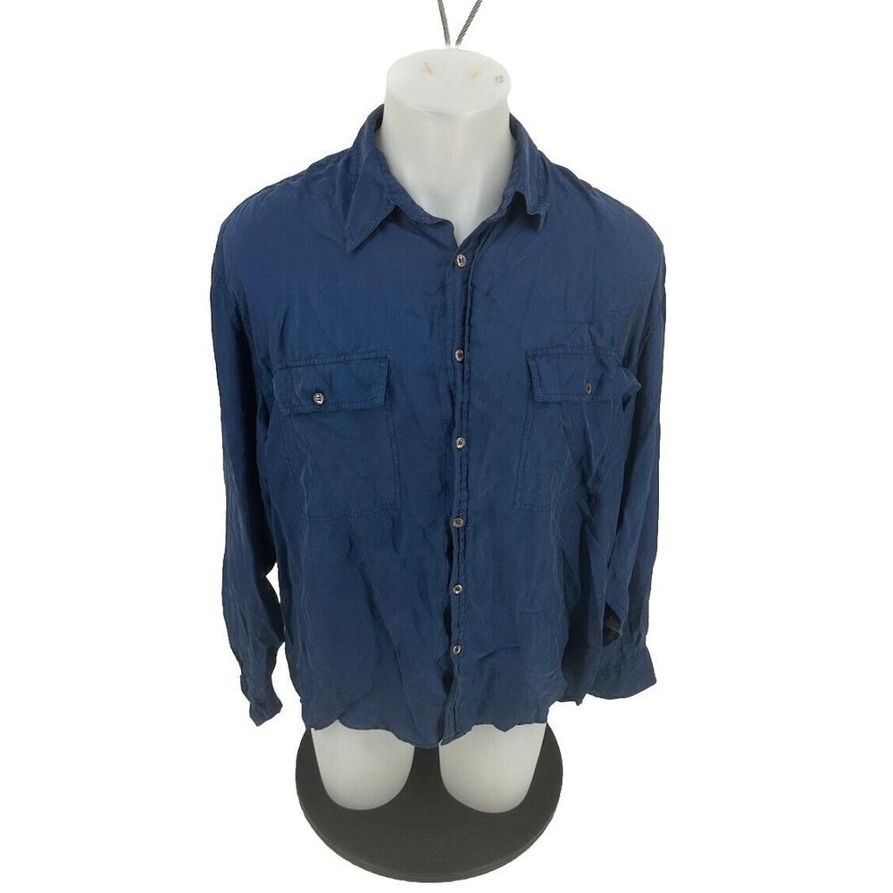 Point Zero Original Concept Large 100% Silk Shirt Blue Long Sleeve Light B28v